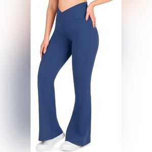 Nirlon Crossover Flare Yoga Pants Blue High Waisted Buttery Soft NEW